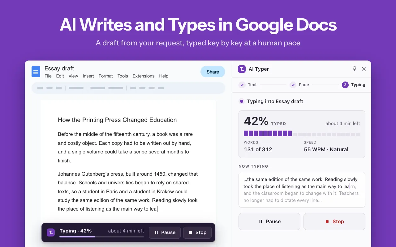 A Google Docs essay being typed by AI Typer, with the side panel showing 42% progress, word count, speed, and Pause and Stop buttons