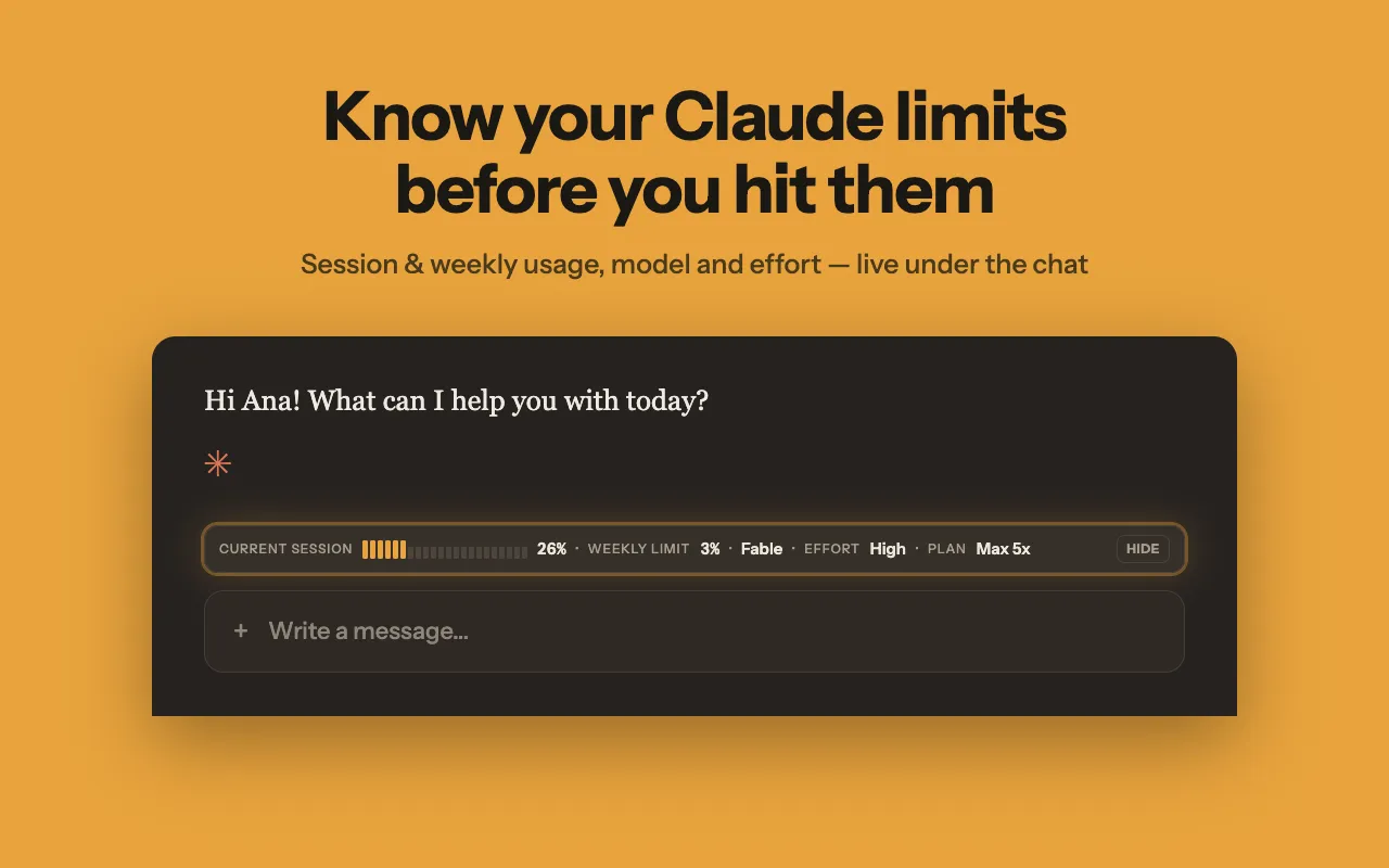 Usage bar under the claude.ai message box showing current session at 26%, weekly limit at 3%, the model, effort and plan