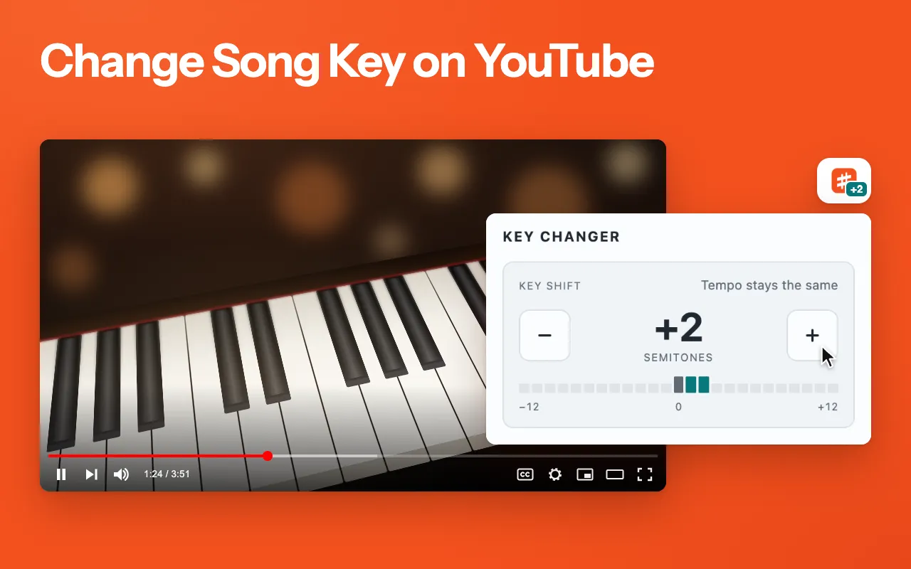 YouTube piano video with the Key Changer popup set to +2 semitones and +2 shown on the toolbar icon