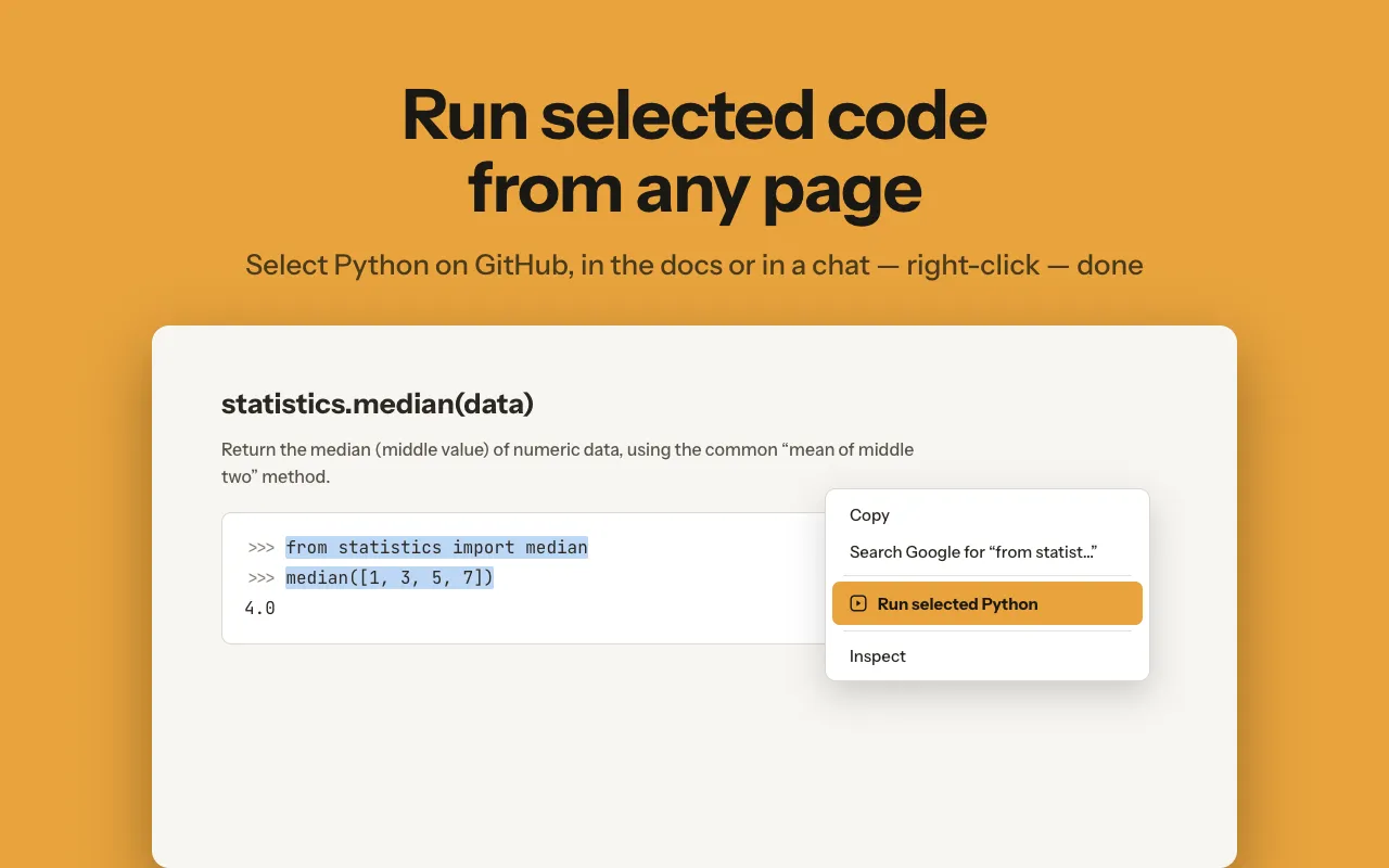 Python code selected in online documentation with the right-click menu open on the Run selected Python item