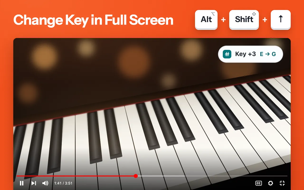 Full-screen video with an on-page message reading Key +3, E → G, after the Alt+Shift+Up shortcut