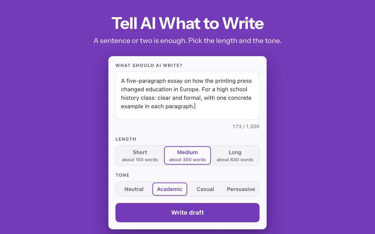 Request form asking what AI should write, with length options of about 150, 300 or 600 words and four tone choices
