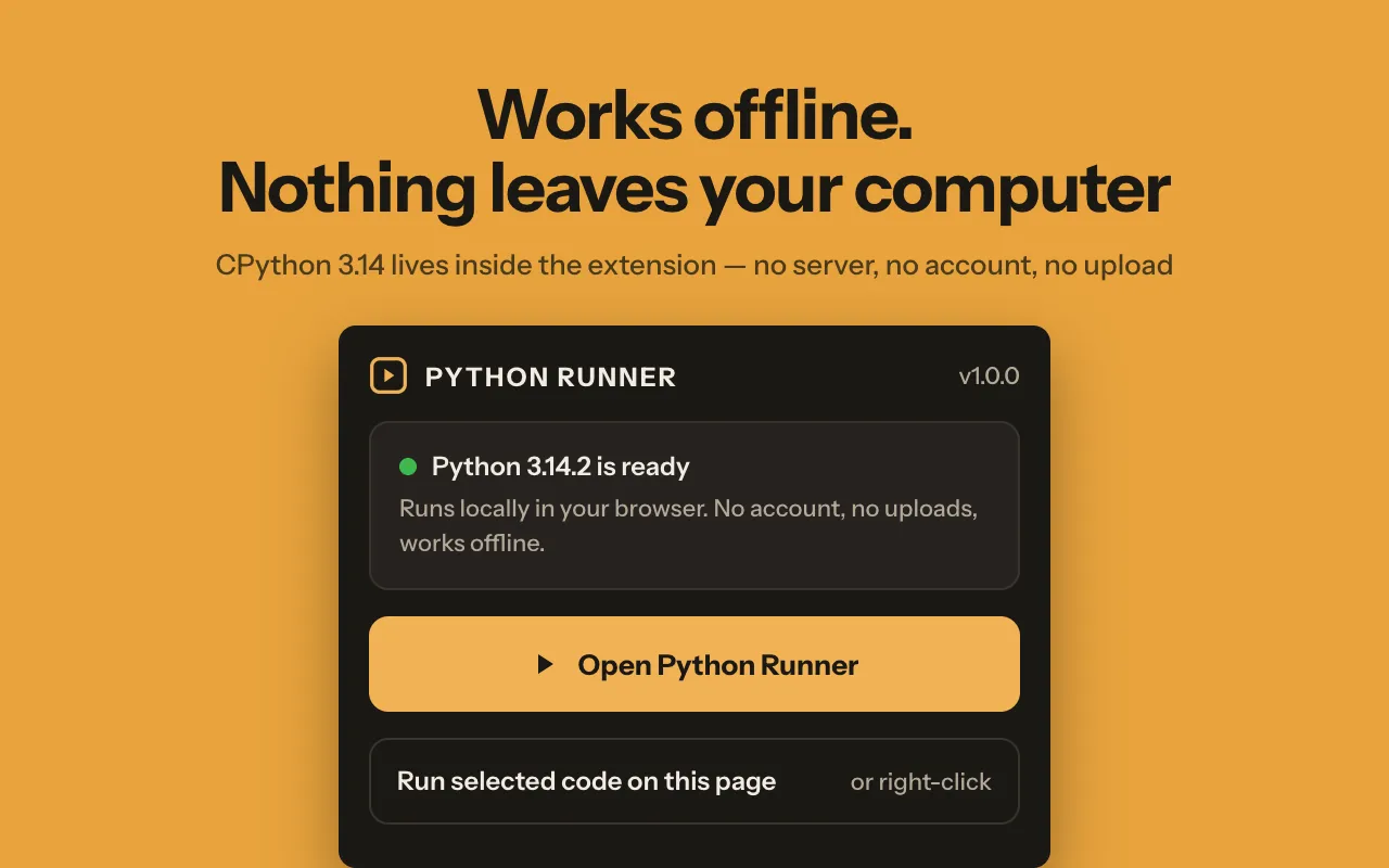 Toolbar popup reporting that Python is ready, with buttons to open the runner or run selected code on the page