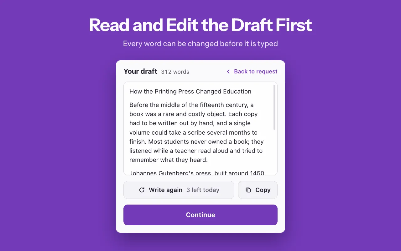 Draft review screen showing a 312-word draft with Write again, Copy and Continue buttons