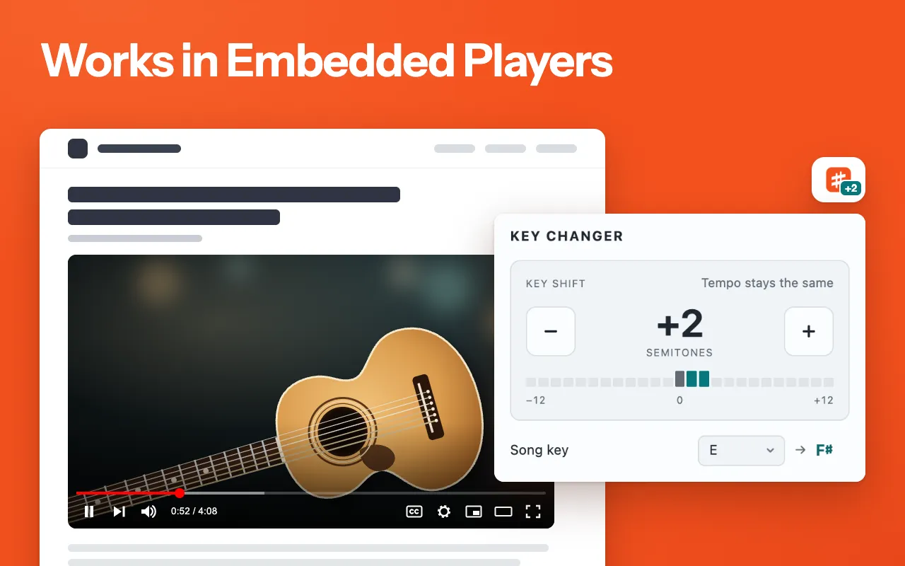 Popup changing the key of a guitar video embedded in another website, at +2 with E → F♯