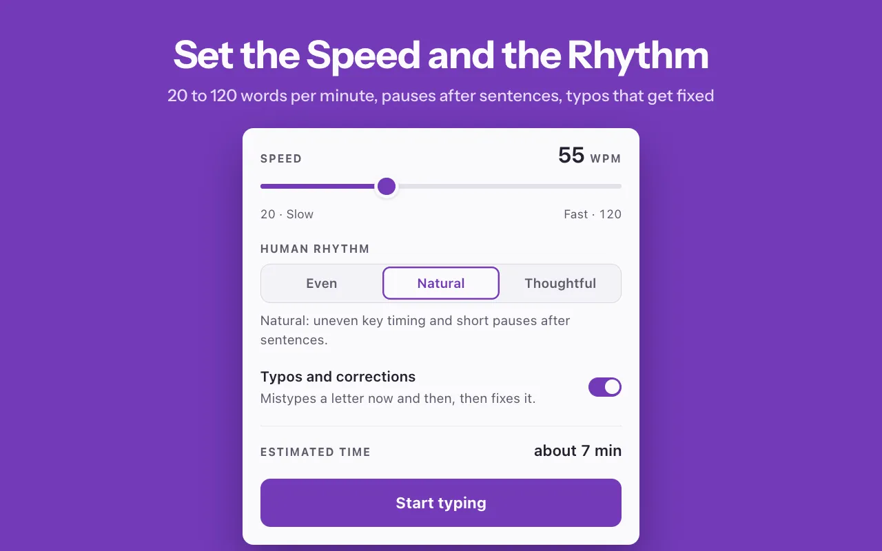 Typing settings with a speed slider at 55 words per minute, three rhythm options and an estimated time of about 7 minutes