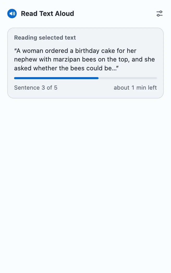 Read Text Aloud popup reading selected text from a PDF: Sentence 3 of 5, about 1 min left.