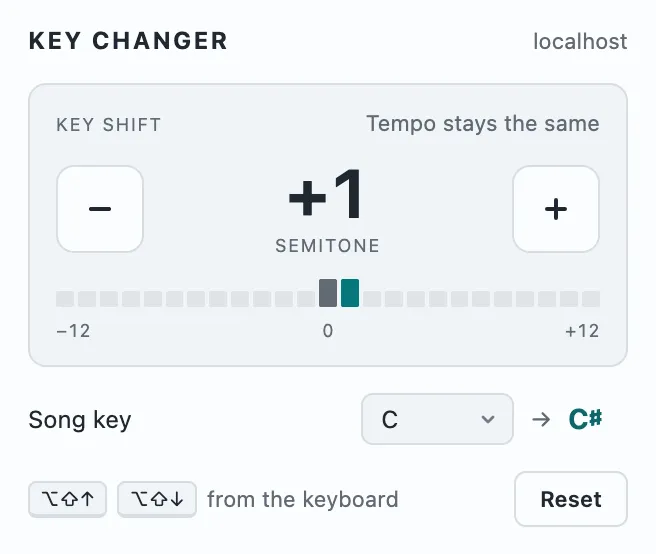 Key Changer popup: key shift +1 semitone, Song key C, new key C♯, tempo stays the same.
