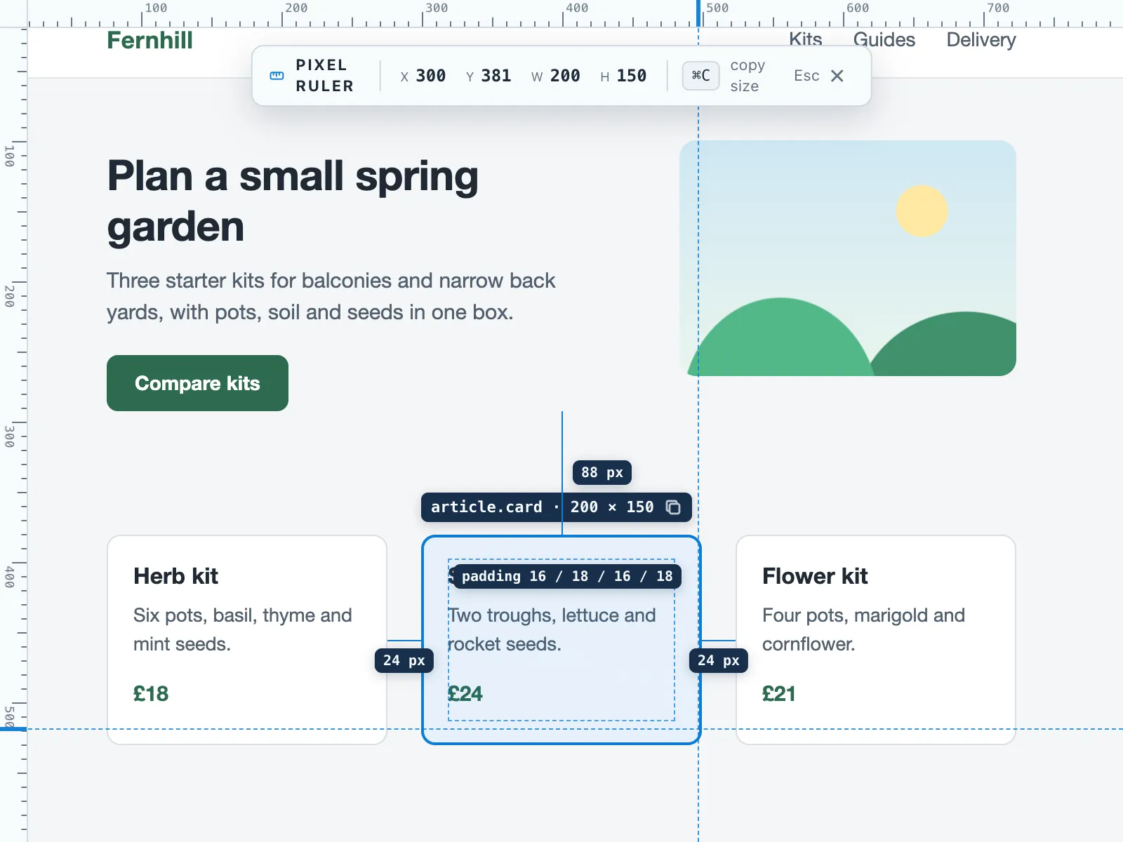 The middle of three product cards on a demo page is outlined in blue. A label above it reads article.card · 200 × 150, a label inside reads padding 16 / 18 / 16 / 18, and lines to the neighbouring cards are labelled 24 px on the left and 24 px on the right, with 88 px up to the block above. The toolbar at the top reads X 300, Y 381, W 200, H 150.