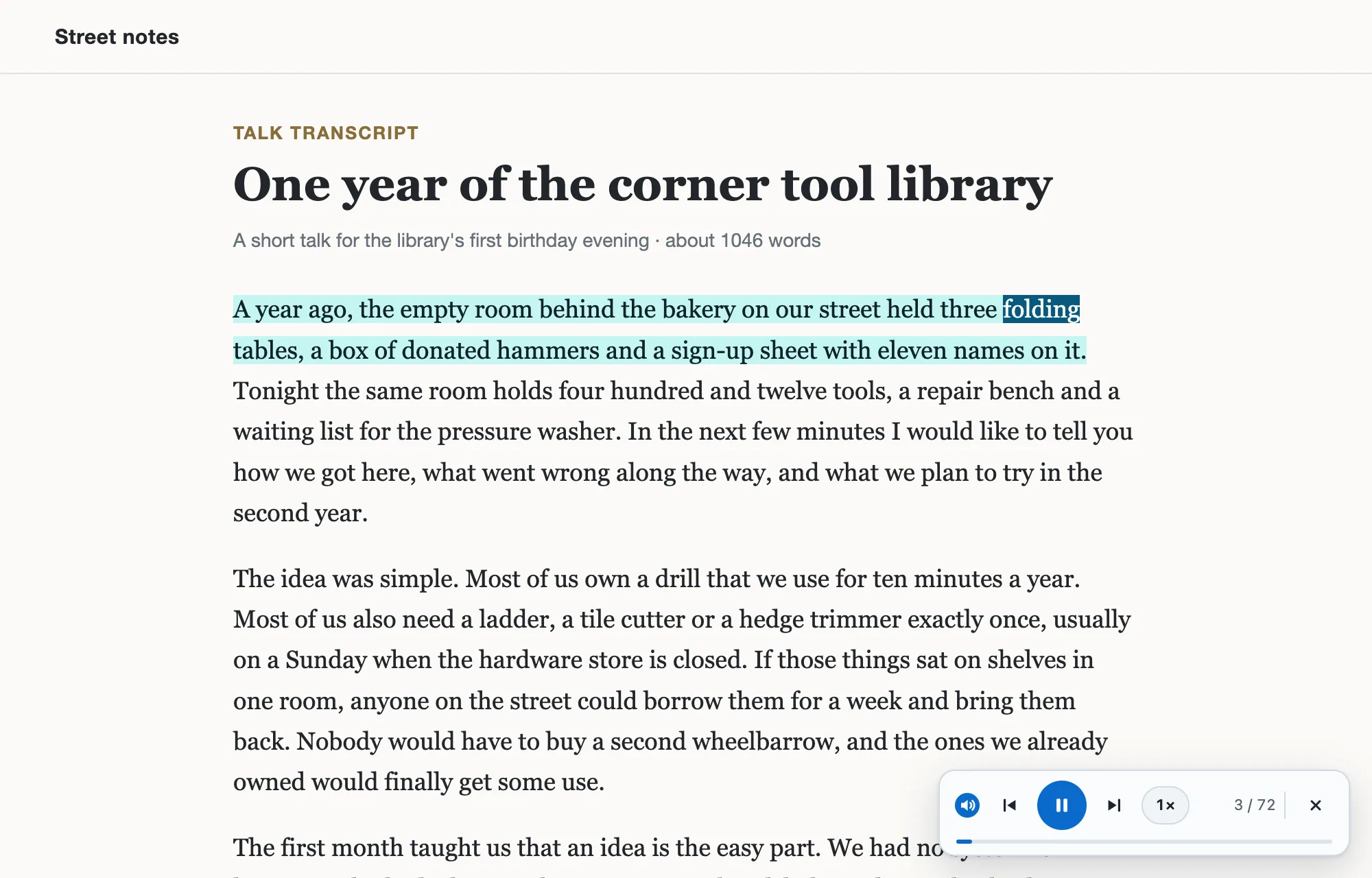 A made-up article with its first sentence highlighted in teal, one word darker, and the Read Text Aloud corner player at 3 / 72.