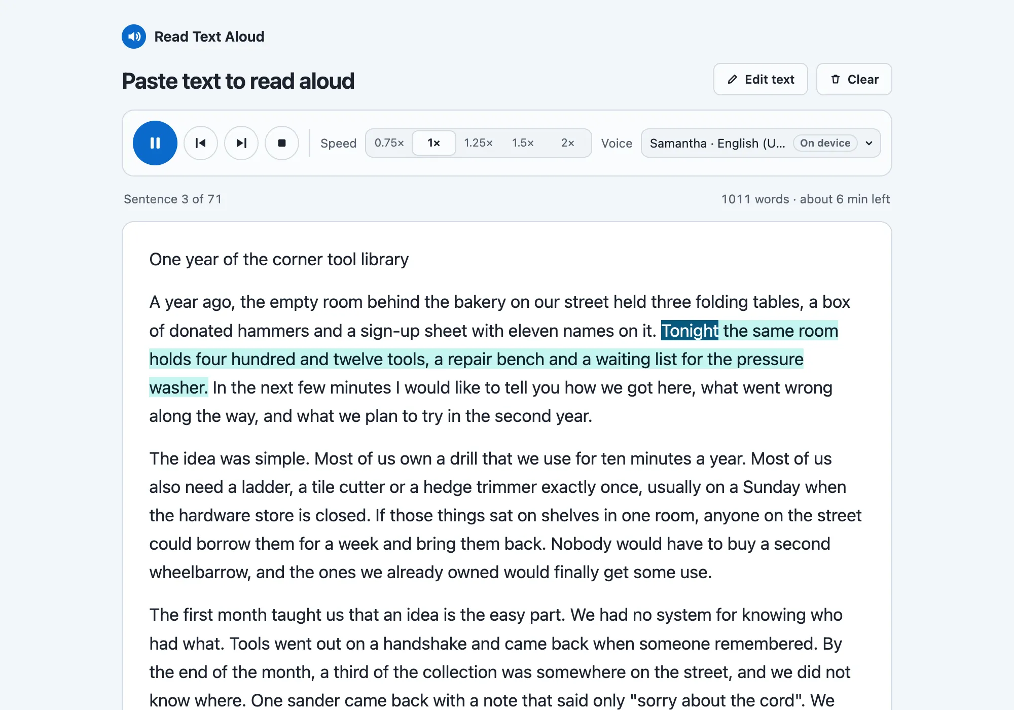 Read Text Aloud’s Paste text tab reading a made-up talk at 1×: Sentence 3 of 71, 1011 words · about 6 min left, the current sentence highlighted.